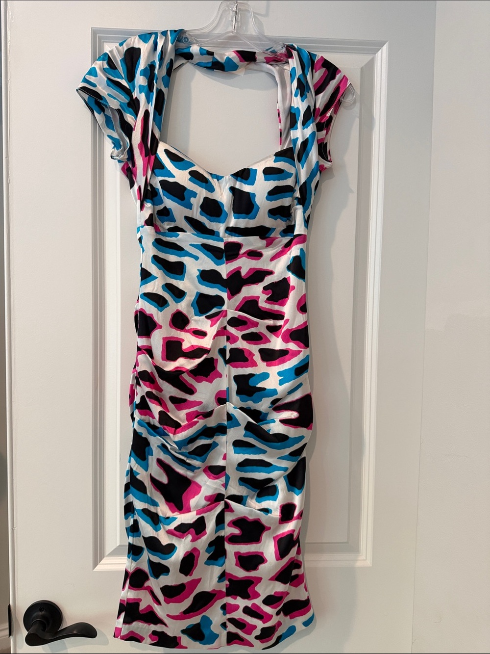 Cache White Satin Midi Dress with Blue, Pink and Black Abstract Print